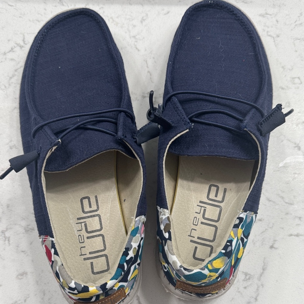 Hey Dude Dark Blue Shoes with Floral Accents
